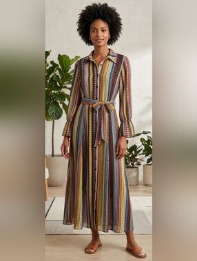 Beige by eci Multicolor Vertical Stripe Long Sleeve Dress